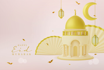 3d illustration suitable for Ramadan, Eid al fitr, and Eid al Adha with mosque, lantern, and crescent moon