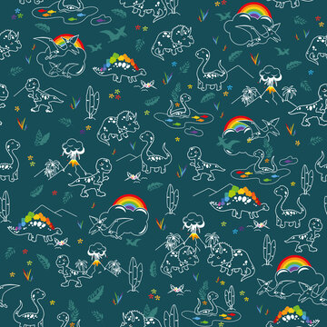 Vector cute dinosaur and rainbows seamless pattern on dark blue background. Perfect for fabric, scrapbooking, wallpaper projects