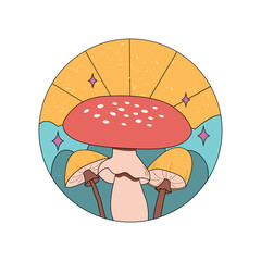 Various magic hallucinogenic mushrooms. Fantasy cute elements. Retro cartoon mushrooms on the grass. Modern design pin, icon, sticker. Hippie style. Vector flat illustration on an isolated background.
