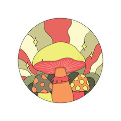 Various magic hallucinogenic mushrooms. Fantasy cute elements. Retro cartoon mushrooms on the grass. Modern design pin, icon, sticker. Hippie style. Vector flat illustration on an isolated background.