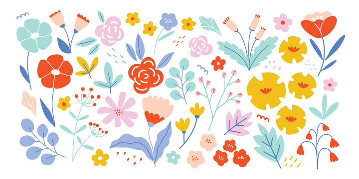 Floral clipart set. Colorful leaves and flowers. Vector design elements