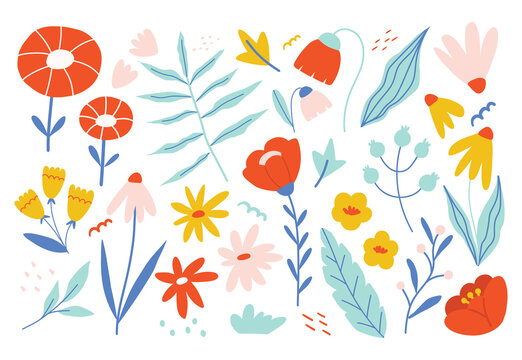 Clipart set with flowers and leaves. Vector floral elements
