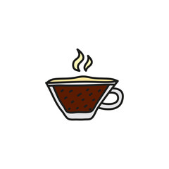Cute doodle coffee drink in glass mug.