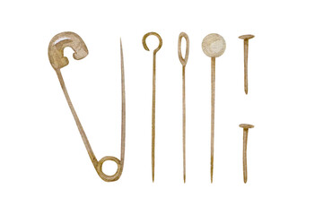 Set watercolor illustration with vintage steel pin and needle isolated on white background. Needlework collection.