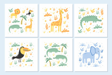 Children's posters with jungle animals. A set of posters with a crocodile, giraffe, elephant, toucan, lion. Drawn posters for the nursery. Vector illustration.