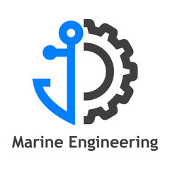 Logotipo con texto Marine Engineering con silueta de ancla de barco con rueda dentada con líneas en color gris y azul