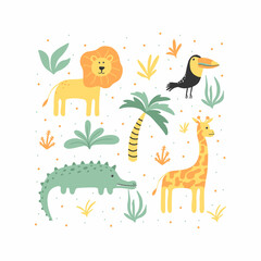 Children's poster with jungle animals. Poster for nursery. Cute hand drawn illustration with lion, crocodile, toucan and giraffe. Vector illustration.