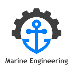 Logotipo con texto Marine Engineering con silueta de ancla de barco con rueda dentada en color gris y azul