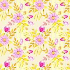 Watercolor hand-drawn pattern with pink flowers on a yellow background