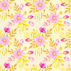 Watercolor hand-drawn pattern with pink flowers on a yellow background