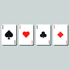 Set of four aces playing cards suits with grunge texture vector illustration