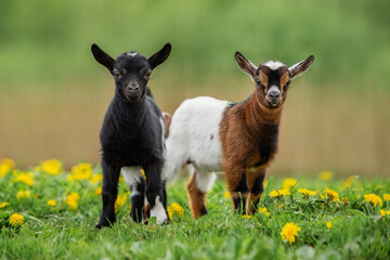 Two little baby goats in summer. Farm animals.