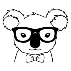 Koala black and white hand drawn portrait. Koala with glasses and  bowtie. Koala face in line.  Cute muzzle Koala. Good for posters, t shirts, postcards.