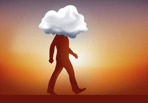 Concept de l’imaginaire et du rêve, avec le symbole d’un homme qui marche avec la tête dans un nuage.