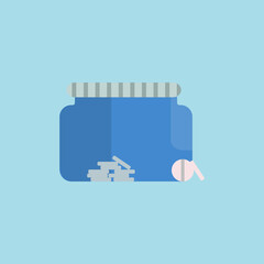 Medical blue pill container. Medicine packaging with white capsules. Flat vector illustration.
