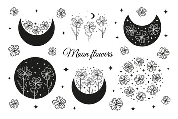 Boho moon flowers hand drawn set. © Minur