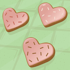 Three soapy heart shaped cookies with pink icing and decorative sprinkles, vector illustration