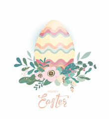 Easter card with colorful egg, leaves and flowers and hand drawn lettering text on white background. Egg Icon with beautiful floral cute design for festive invitation. Vector illustration.