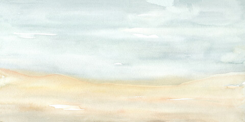 Fototapeta na wymiar Beach Sand and Sky Watercolor Abstract Background Long Panorama Landscape, Blue and Beige with Copy Space, Text Space, Hand Drawn and Painted 