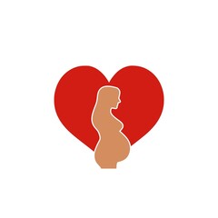 Pregnant woman and heart icon isolated on white background