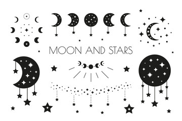 Boho moon phases, crescents and stars.