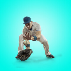 Baseball players in dynamic action in action on gradient multicolored neon background. Concept of...