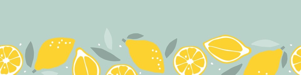 Seamless lemon border. Fruits with leaf hand drawn sketch isolated. Whole fruit and cut half. Silhouette vector illustration for wallpaper. Food template for menu, juice label, nursery design.