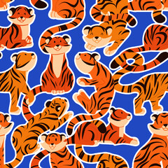 Seamless pattern with stickers of cartoon tigers in different poses. Texture with wildcats on blue background for fabric.