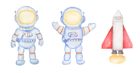 Watercolor spaceman and spaceship illustration set, astronaut clip art, Cute cosmos transport clip art, kids illustration. Space clipart
