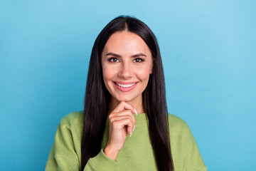 Portrait of good mood positive business lady thinking about new project start-up isolated on blue color background