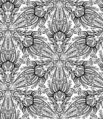 Seamless monochrome pattern with contour antelope heads with folk art. Gazelle with floral ornament. Kaleidoscope with outline animals