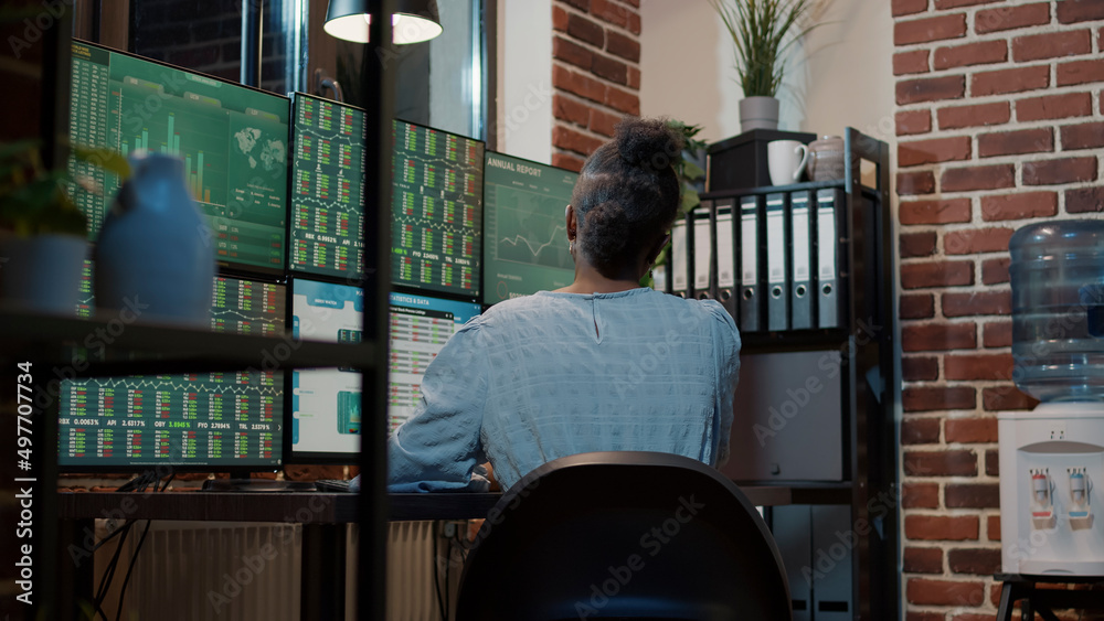 Wall mural female investor using stock market trading charts and graphs on multiple monitors to plan financial 