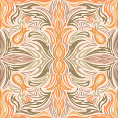 Seamless pattern with art nouveau ornaments. Abstract texture with natural flourish swirls in pastel colors. Fabric swatch