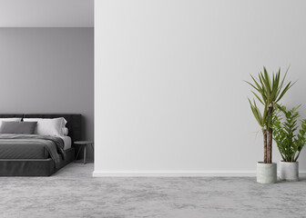 Empty room, concrete floor and light gray wall. Bed, plant. Mock up interior. Free, copy space for your furniture, picture, decoration and other objects. 3D rendering.
