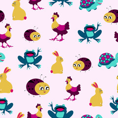 Animal seamless pattern. Graphic design for children. Turtle and ladybug, hen and rabbit and frog.