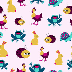 Obraz premium Animal seamless pattern. Graphic design for children. Turtle and ladybug, hen and rabbit and frog.