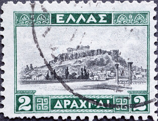 Greece - circa 1927: a postage stamp from Greece , showing the Greek temple Acropolis, Athens