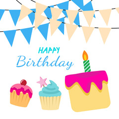 Happy Birthday card template with Cake, Cupcake, candle and party flags. Holiday design. Vector illustration.