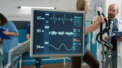 Heart rate monitor to measure heartbeat and pulse in rehab cabinet, used by doctor to cure patients...