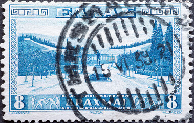 Greece - circa 1934: a postage stamp from Greece , showing the ancient sports arena and the Athens...