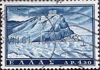 Greece - circa 1961: a postage stamp from Greece , showing a temple by the sea: Temple of Poseidon,...