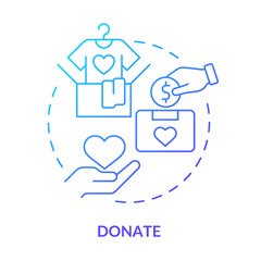 Donate blue gradient concept icon. Financial support for migrants. Help and assist refugees abstract idea thin line illustration. Isolated outline drawing. Myriad Pro-Bold font used