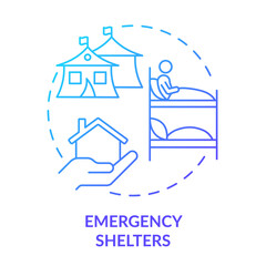 Naklejka premium Emergency shelter blue gradient concept icon. Temporary living space. Way to help refugees abstract idea thin line illustration. Isolated outline drawing. Myriad Pro-Bold font used