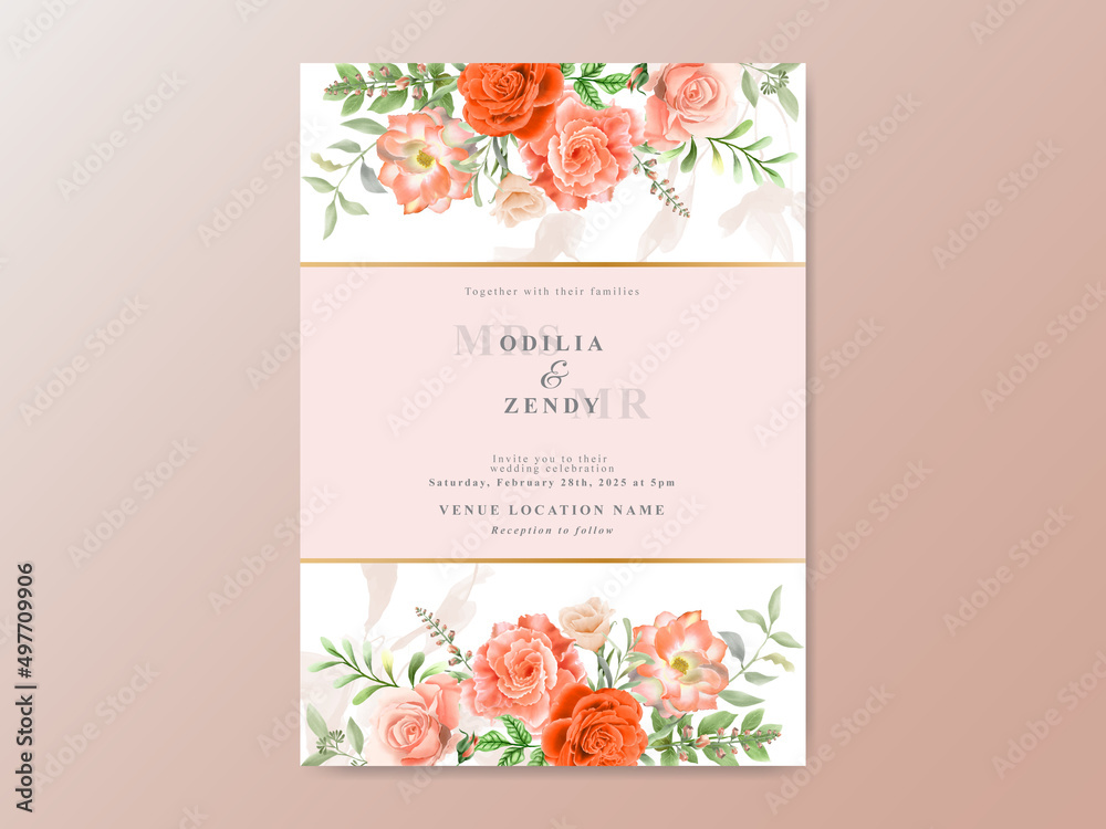 Wall mural beautiful orange flowers wedding invitation card template