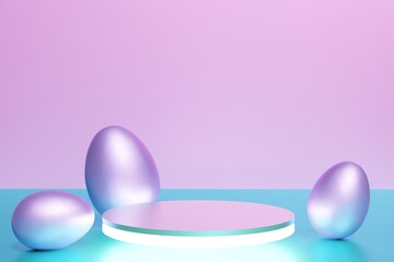 3d render of purple eggs and a glass lit podium on a pink and blue background