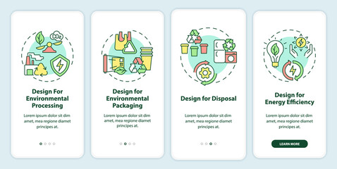 Design for environment onboarding mobile app screen. Eco industry walkthrough 4 steps graphic instructions pages with linear concepts. UI, UX, GUI template. Myriad Pro-Bold, Regular fonts used