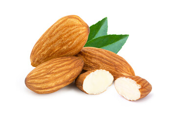almonds with leaf isolated on white background
