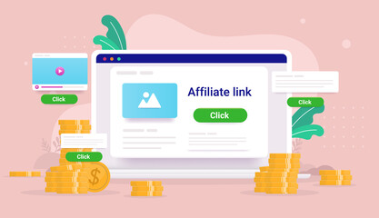 Affiliate marketing money - Computer screen with affiliate link and cash income. Vector illustration - obrazy, fototapety, plakaty