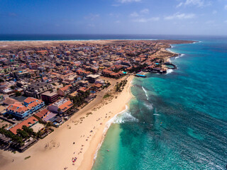 Fototapeta premium Santa Maria Beach Bay Aerial Drone landscapes footage in Sal Island Cabo Verde