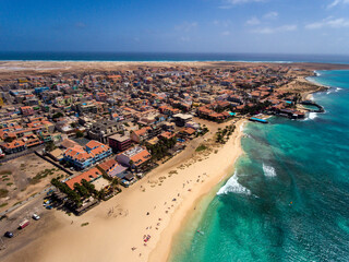 Naklejka na ściany i meble Santa Maria Beach Bay Aerial Drone landscapes footage in Sal Island Cabo Verde